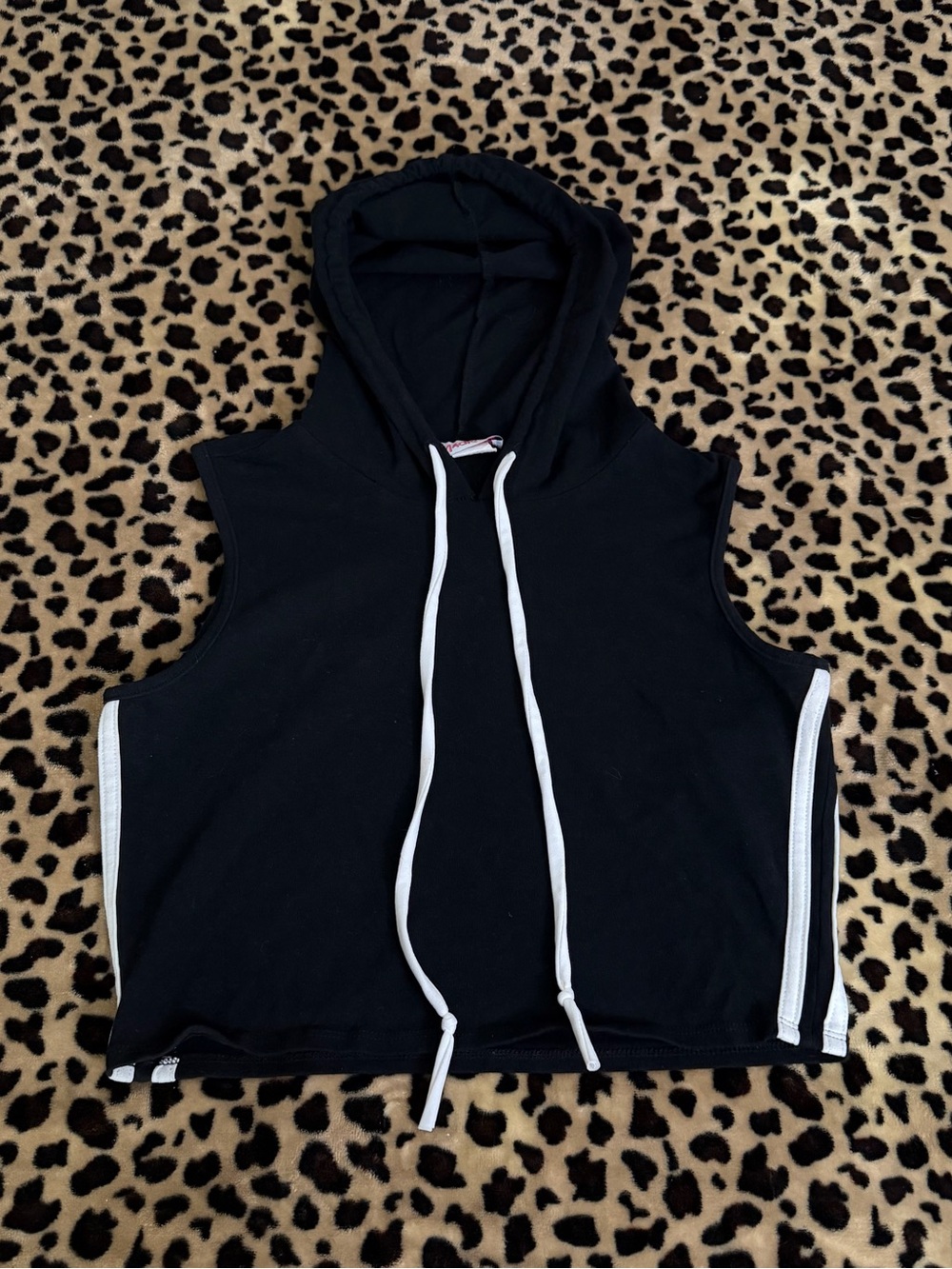 Black Sleeveless Crop Hoodie with White Drawstrings